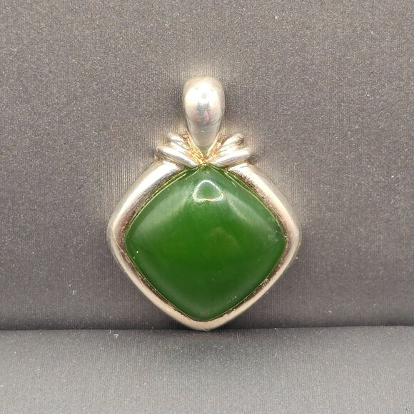 Signed Jewelry - Jade Sterling Silver Square Pendant Green Gemstone 925 Hallmark Signed